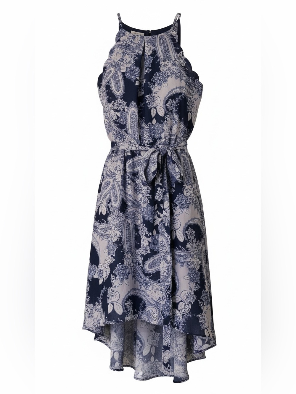 BCX Navy Blue White Paisley High-Low Halter Dress Small Tie Waist Sleeveless